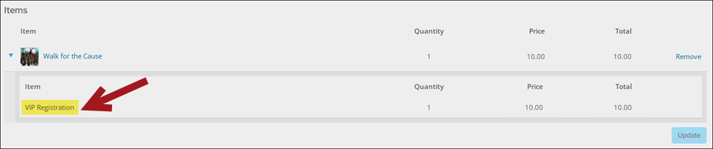 Viewing a single registration option in the cart